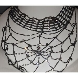 Spiderweb Bib Necklace Rhinestone Spider Statement Goth Black Spiderman